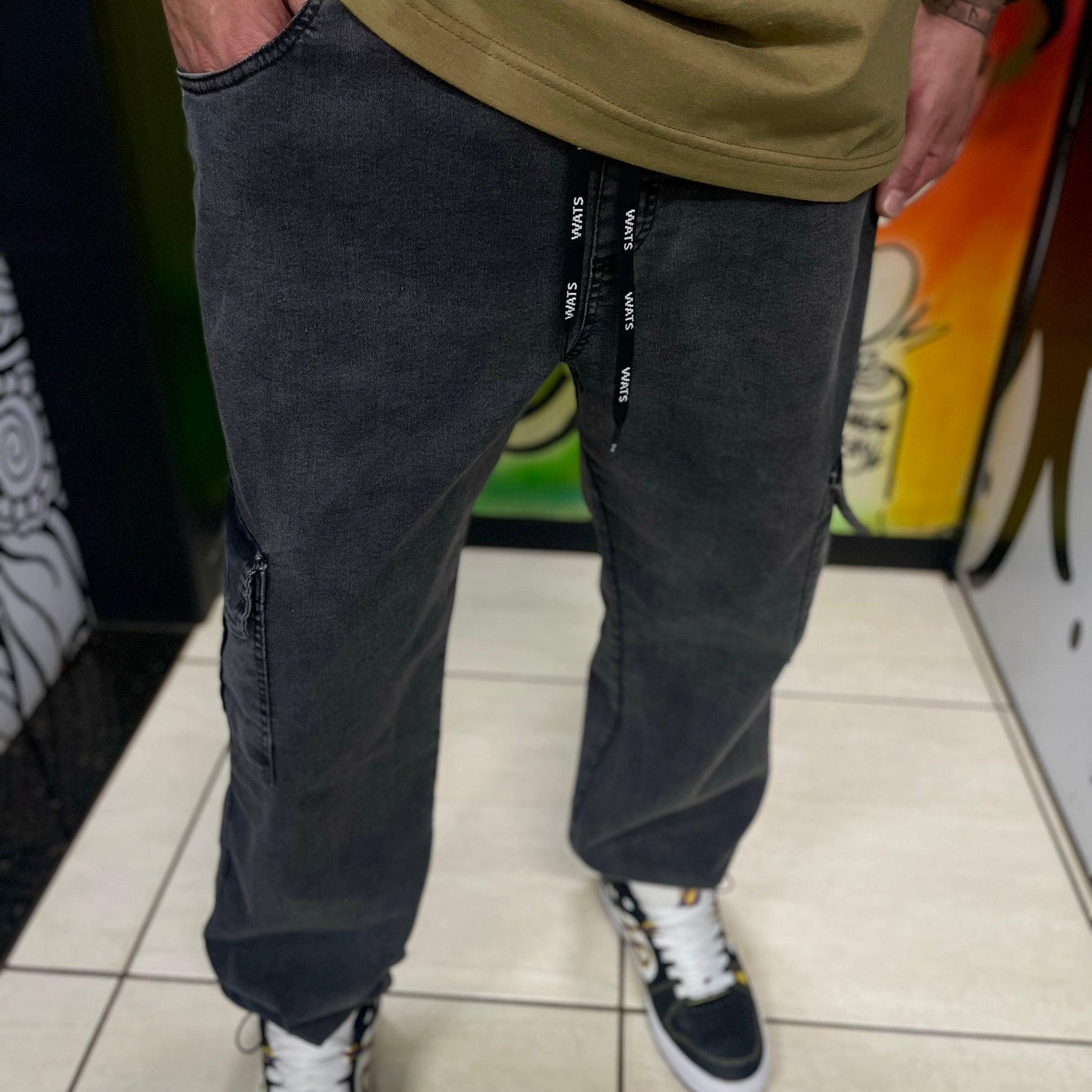 Calça Jeans Cargo Marmorizada Wats Company Preto